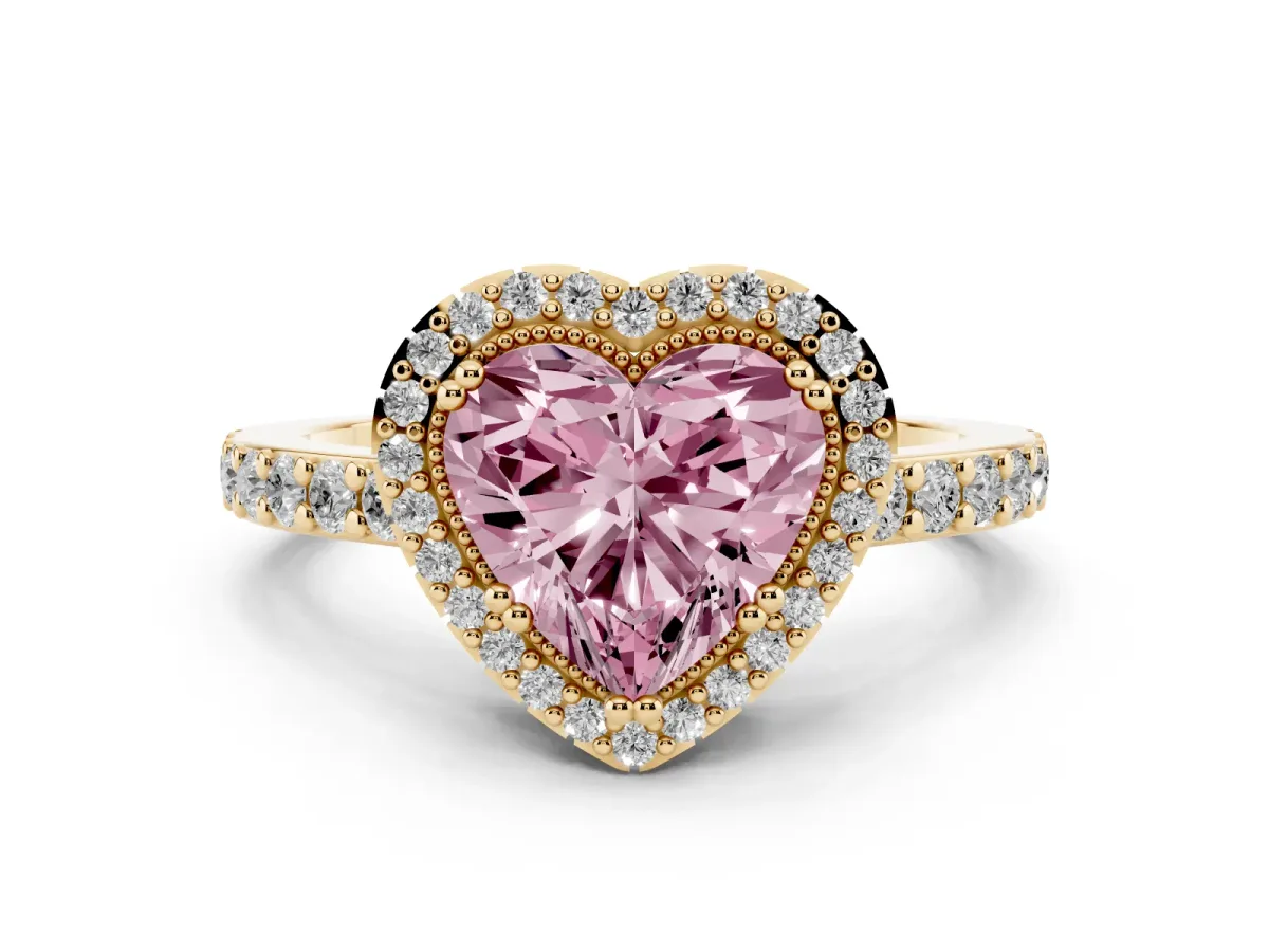 Fancy Pink Heart Cut Cut Diamond Halo Engagement Ring with Milgrain Detail and Pavé Band Yellow gold