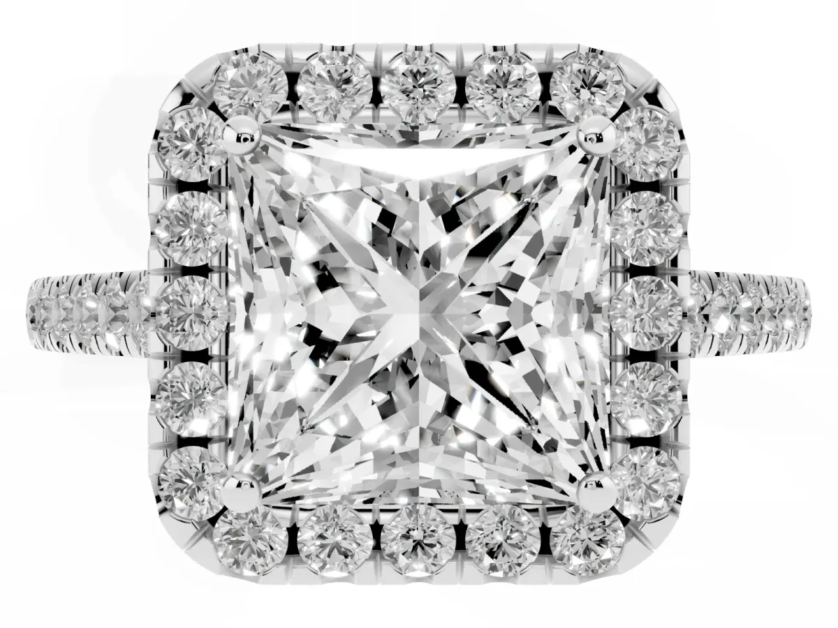 Princess Cut Halo Pave Diamond Engagement Ring with Four-Prong Setting Silver