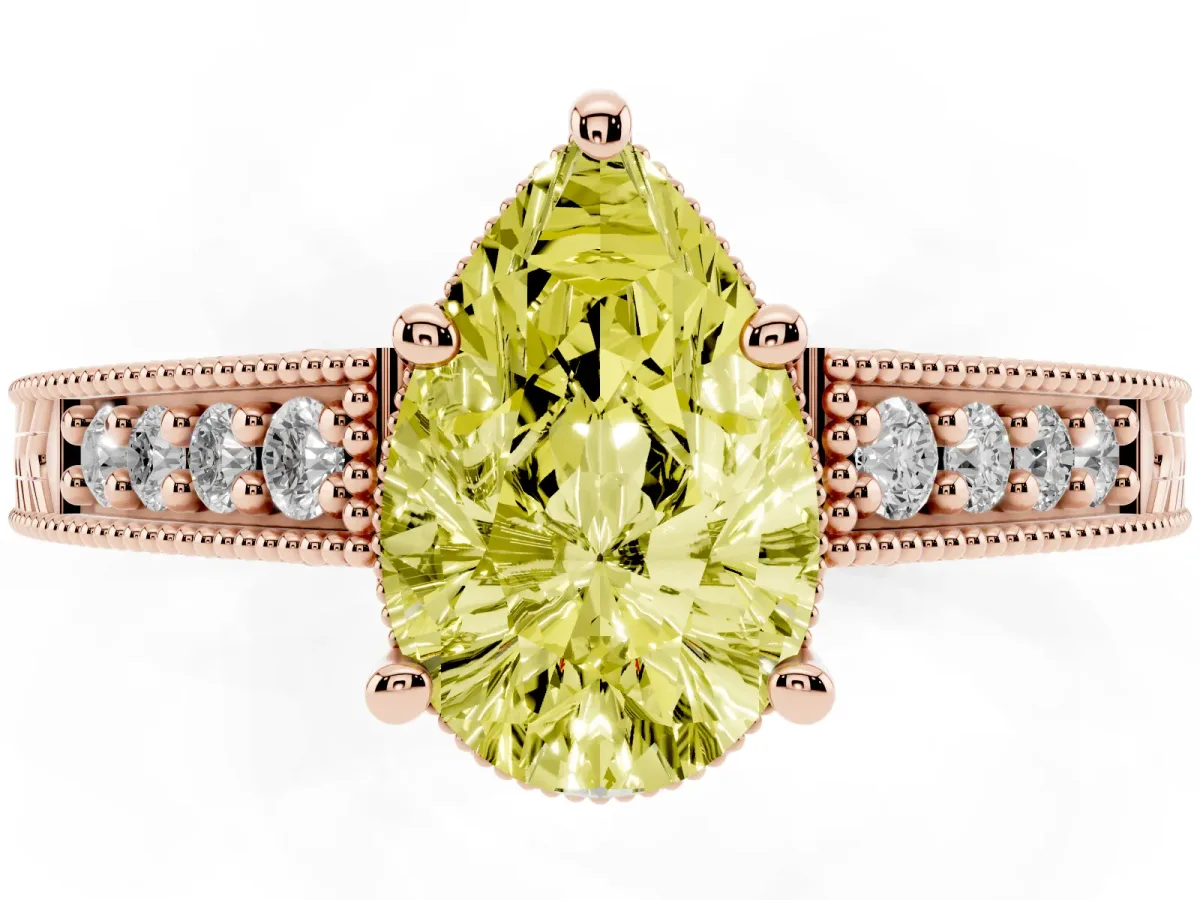 Fancy Yellow Pear Cut Solitaire Pavé Diamond Milgrain Engagement Ring with Four-Prong Setting Rose gold