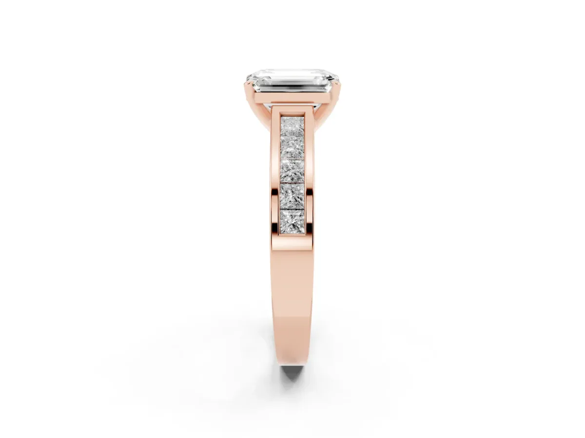 Emerald Cut Solitaire Diamond Ring with Channel-Set Band and Four-Prong Setting Rose gold