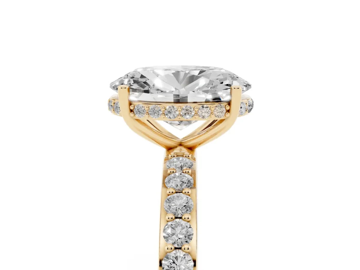 Oval Cut Diamond Solitaire Ring with Pavé Band and Hidden Halo Yellow gold