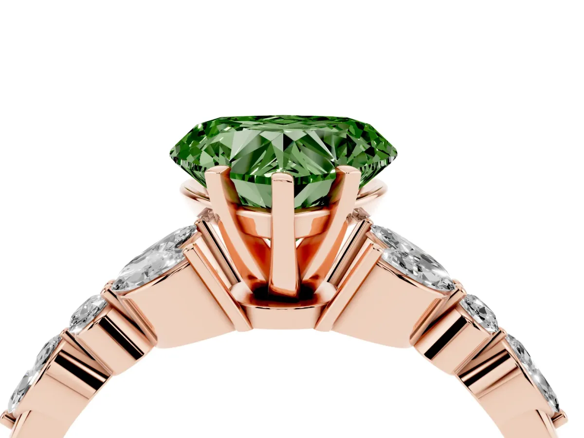 Fancy Green Heart Cut Diamond Solitaire Ring with Side Stones and Four-Prong Setting Rose gold