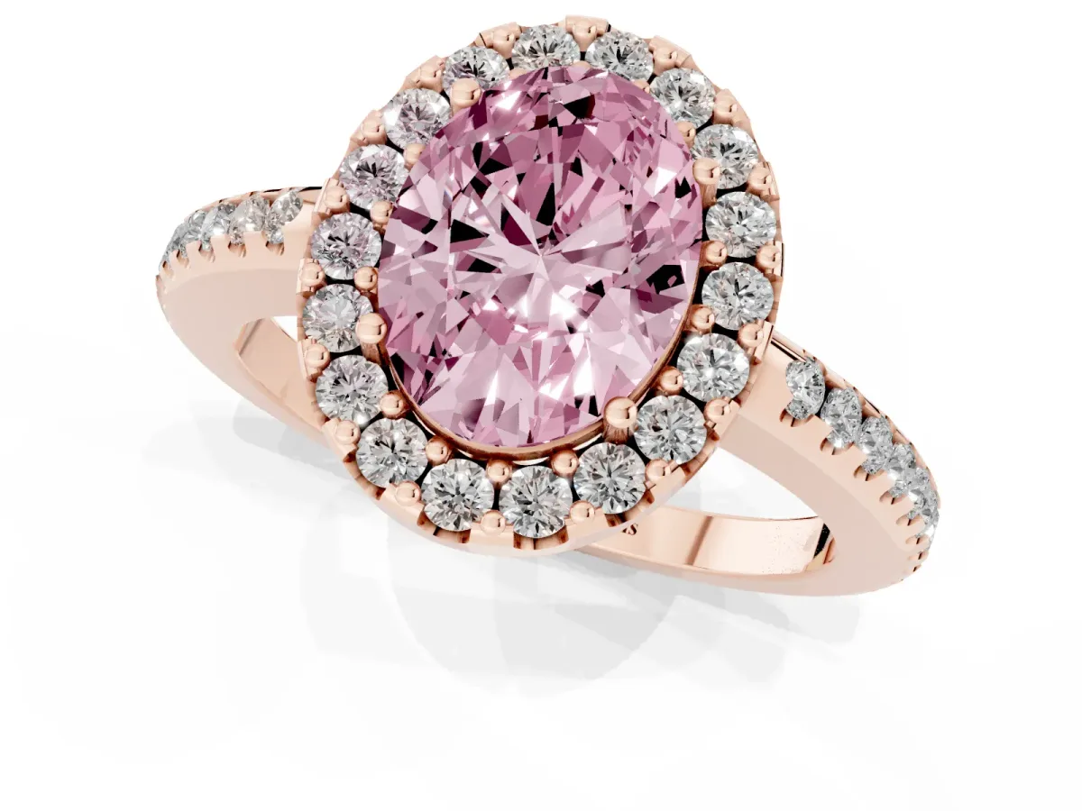 Fancy Pink Oval Cut Diamond Pavé Halo Ring with Four-Prong Setting Rose gold