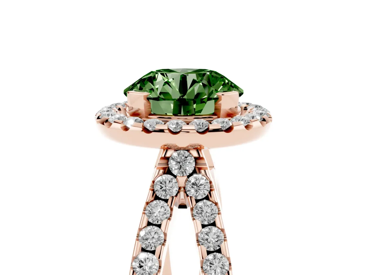 Fancy Green Round Cut Diamond Halo Ring with Split Shank Pavé Band and Prong Setting Rose gold
