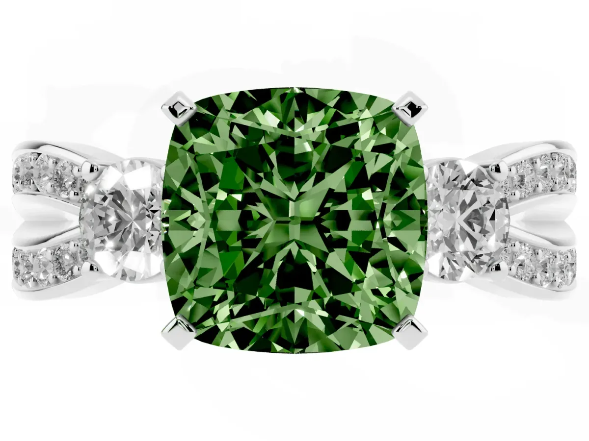 Fancy Green Three-Stone Cushion Cut Cut Diamond Twist Band with Prong Setting Platinum