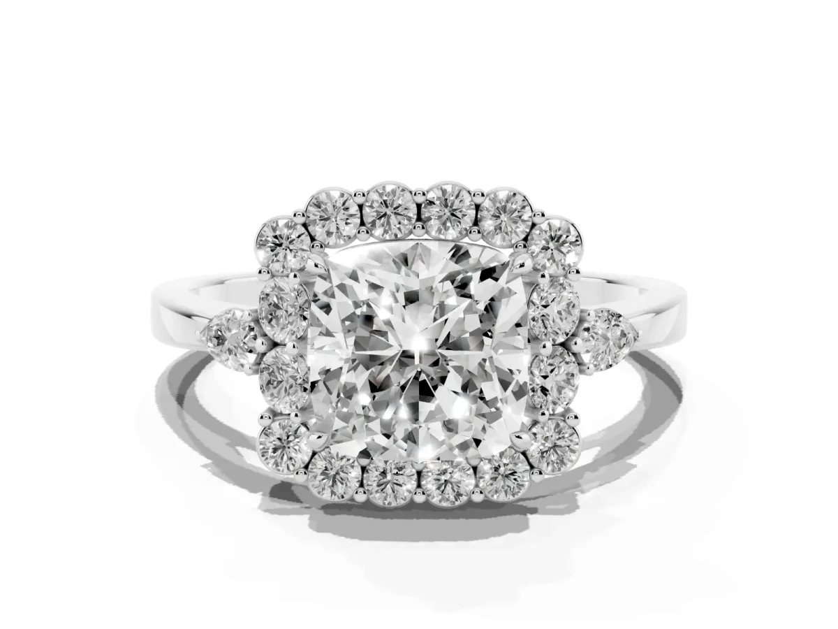 Cushion Cut Diamond Halo Ring with Pear Side Stones and Prong Setting Silver