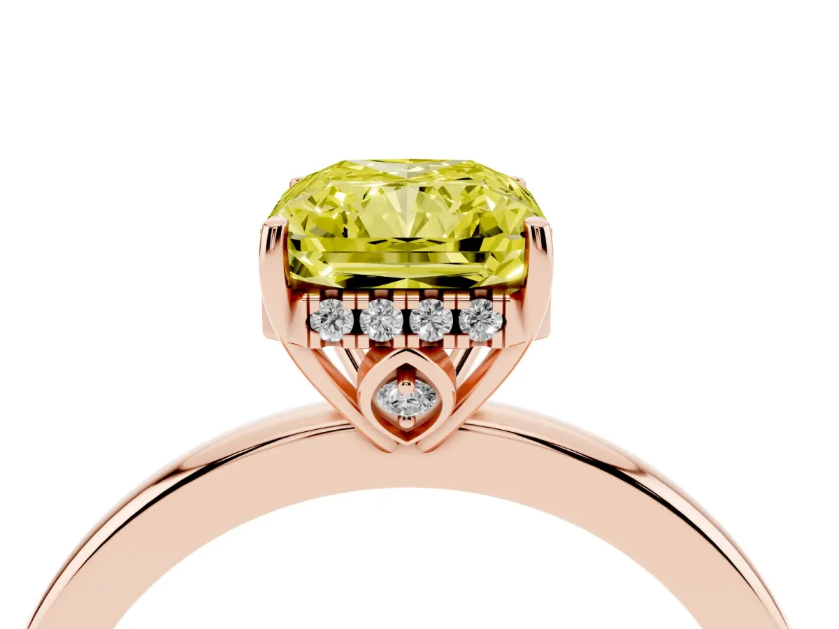 Fancy Yellow Radiant Cut Solitaire Diamond Ring with Prong Setting and Plain Band Rose gold