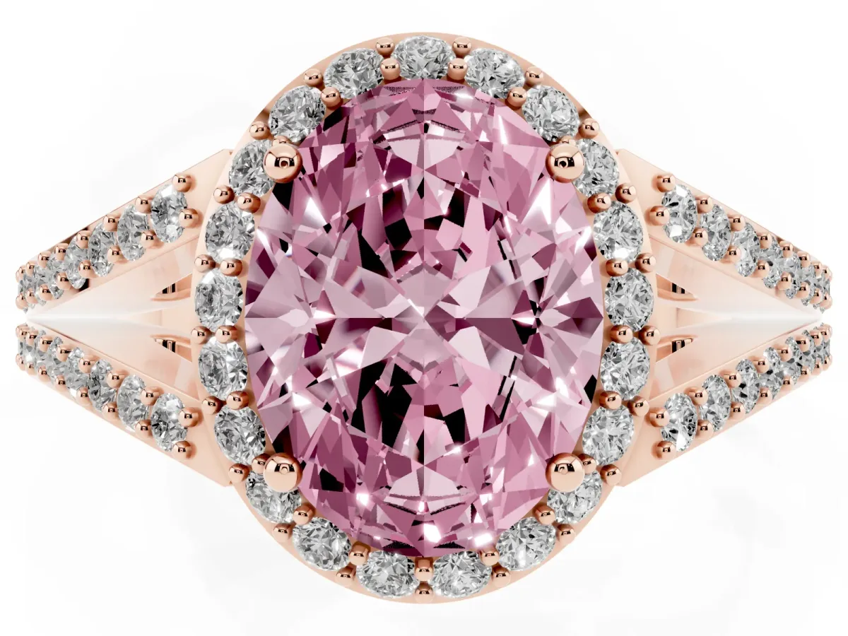 Fancy Pink Oval Cut Halo Split Shank Diamond Ring with Prong Setting Rose gold