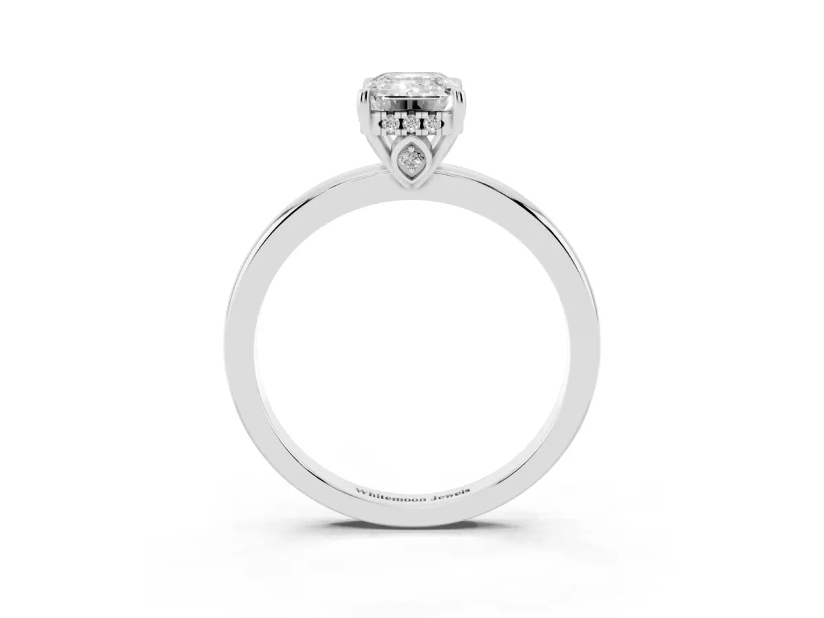 Emerald Cut Solitaire Diamond Ring with Prong Setting and Plain Band Silver