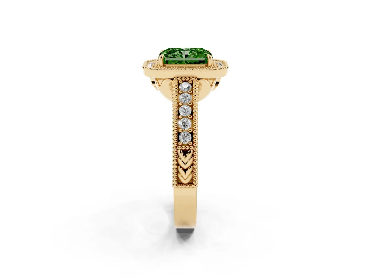 Fancy Green Radiant Cut Cut Halo Diamond Ring with Pavé Band and Four-Prong Setting Yellow gold