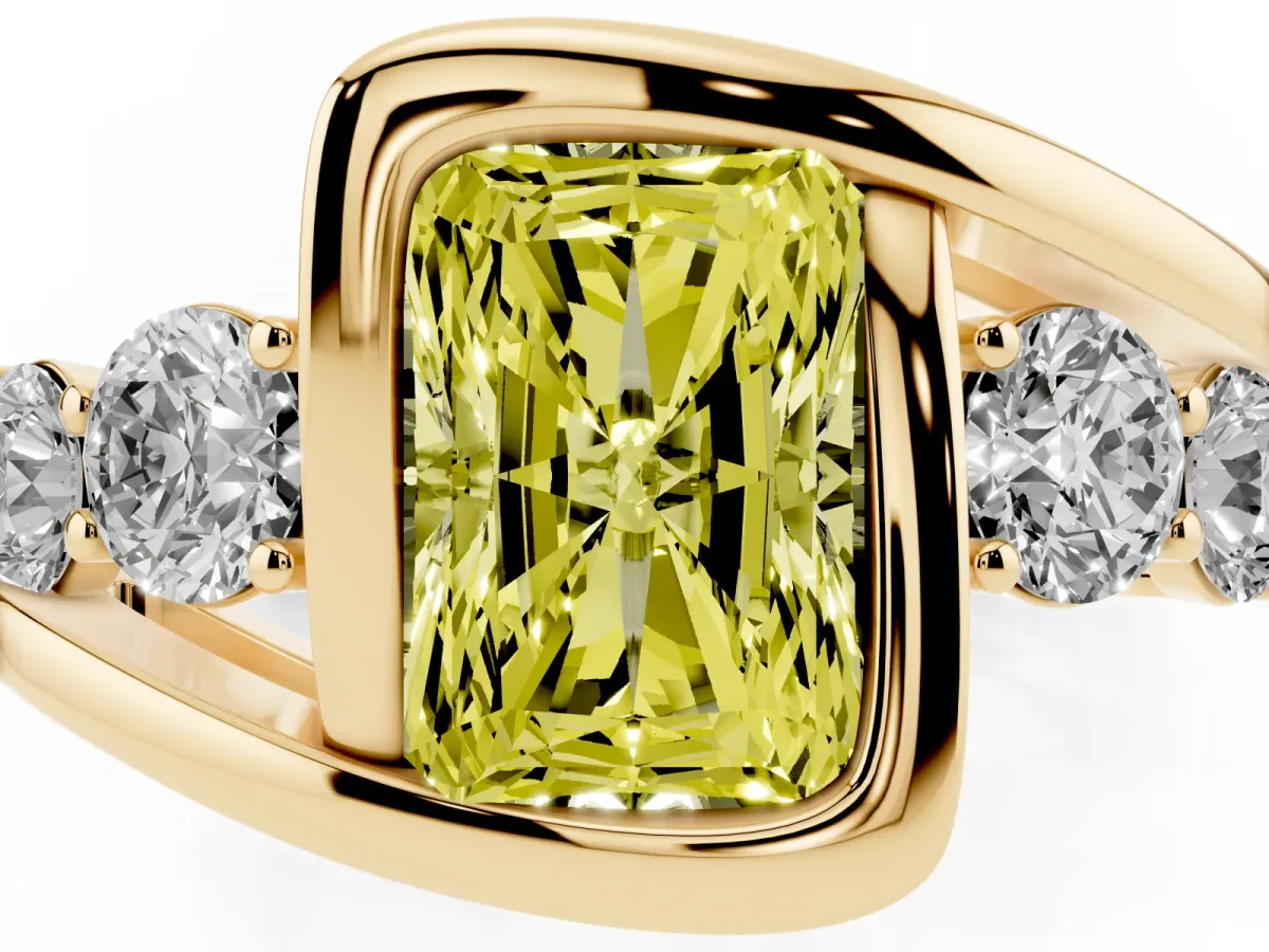 Fancy Yellow Bezel Set Radiant Cut Diamond Bypass Ring with Round Accents Yellow gold
