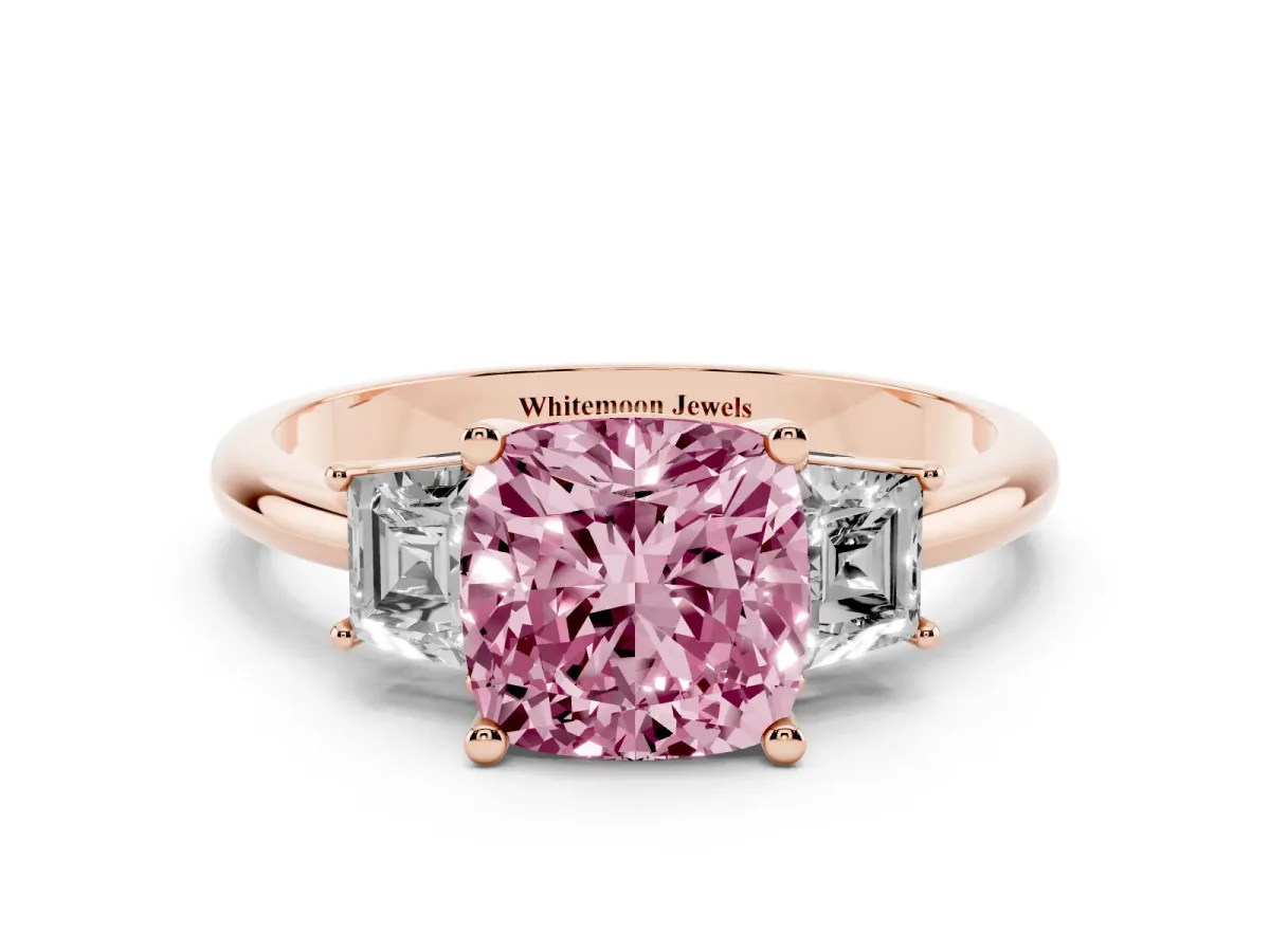 Fancy Pink Cushion Cut Diamond Three-Stone Ring with Trapezoid Side Stones and Prong Setting Rose gold