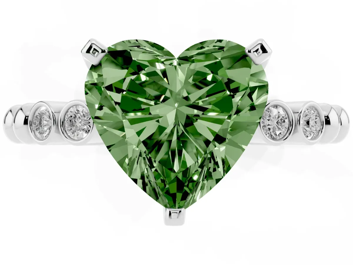 Fancy Green Heart Cut Solitaire Bezel Accent Diamond Engagement Ring with Beaded Band and Four-Prong Setting Silver