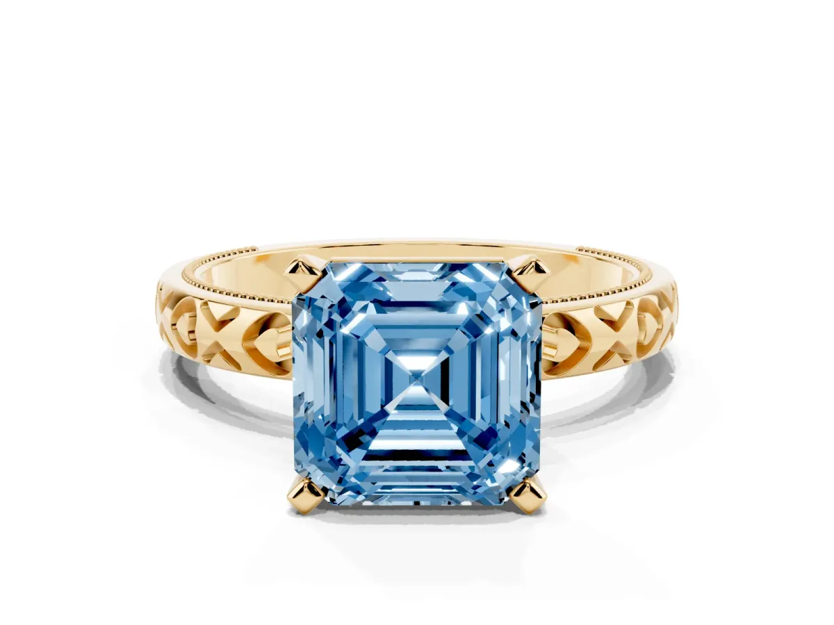 Fancy Blue Asscher Cut Solitaire Diamond Engagement Ring with XO Engraved Band and Four-Prong Setting Yellow gold
