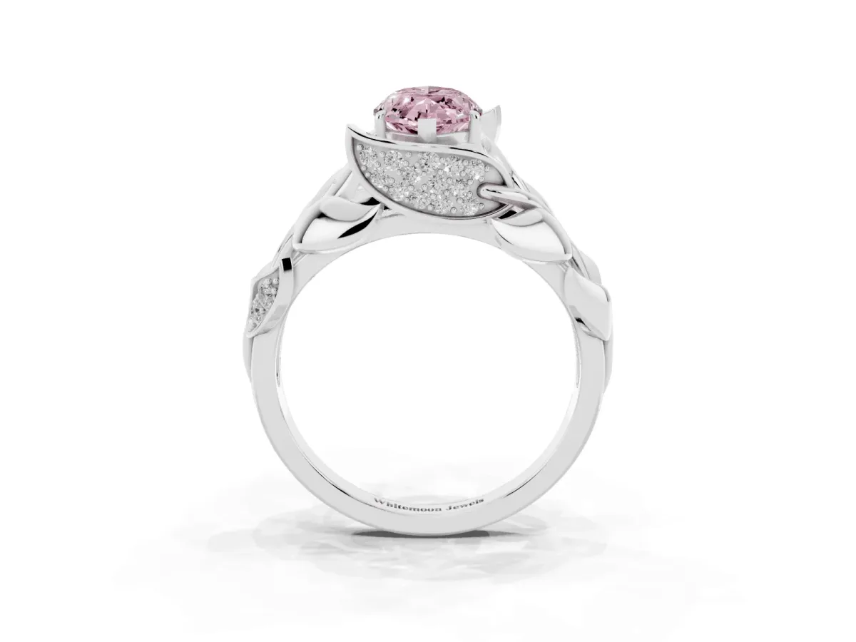 Fancy Pink Marquise Cut Diamond Leaf-Inspired Engagement Ring with Round Accents and Prong Setting Silver