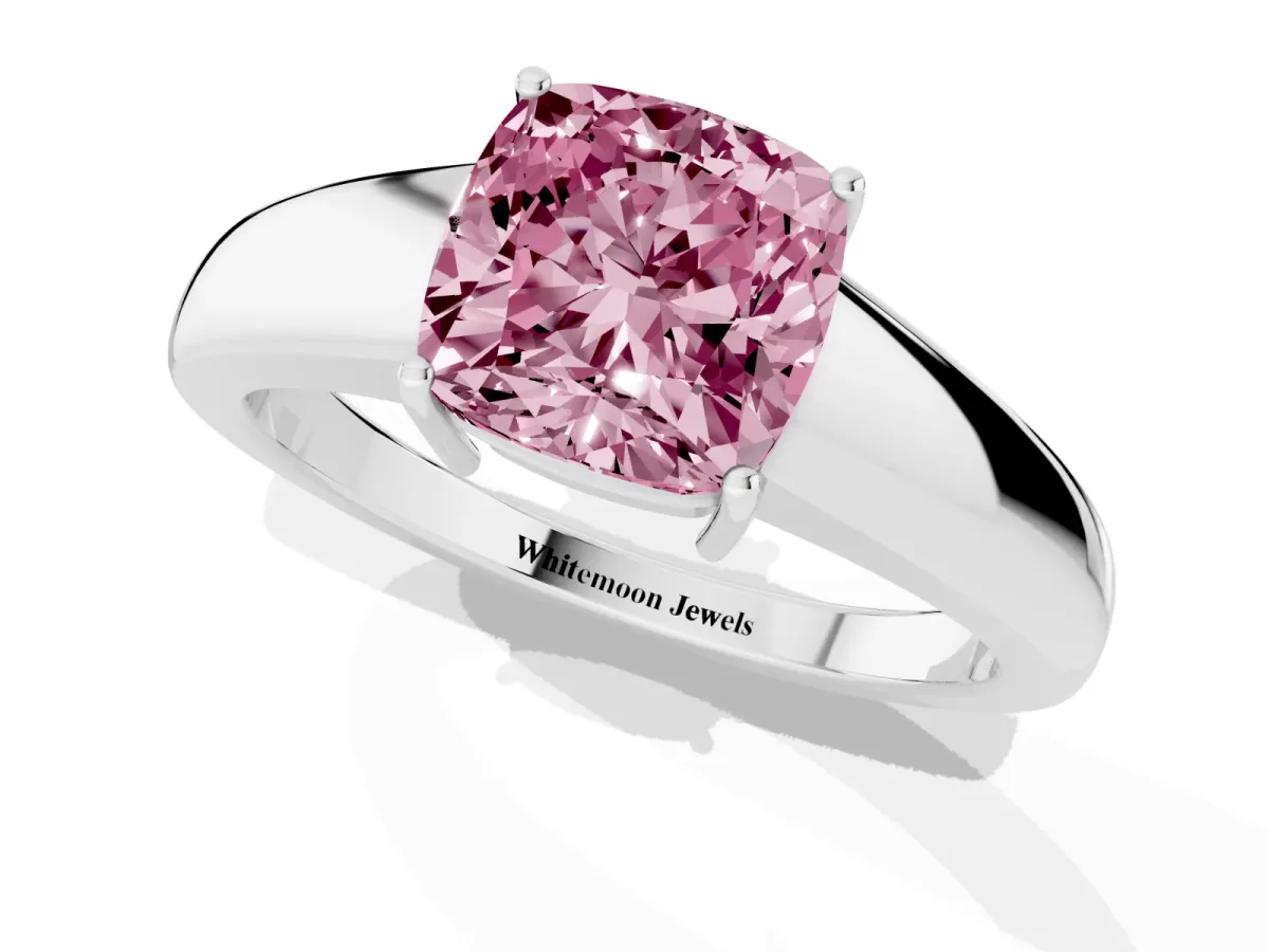 Fancy Pink Cushion Cut Solitaire Diamond Ring with Tapered Band and Four-Prong Setting Silver