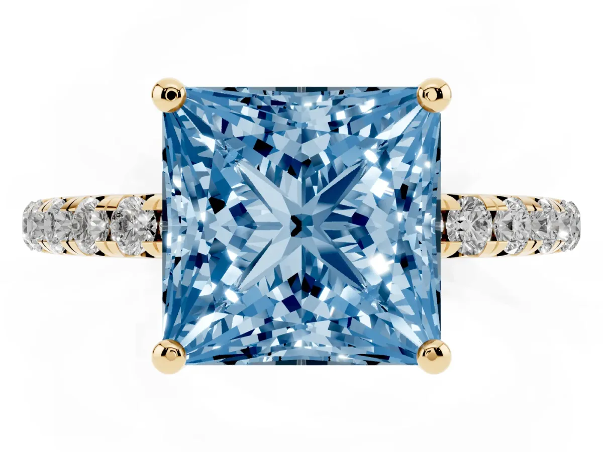 Fancy Blue Princess Cut Cut Diamond Solitaire Ring with Micro Pave Band and Four Prong Setting Yellow gold