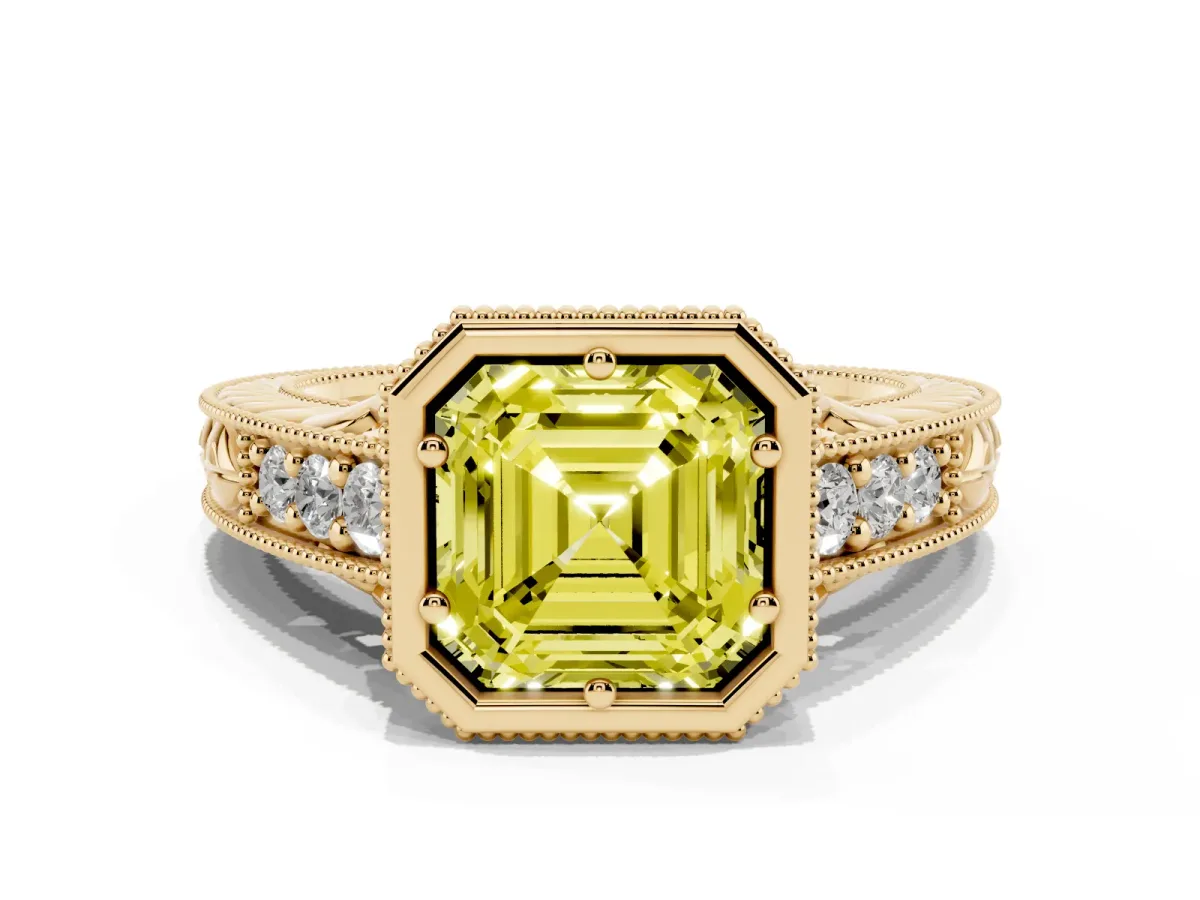 Fancy Yellow Bezel Set Asscher Cut Diamond Milgrain Pave Engagement Ring Yellow gold