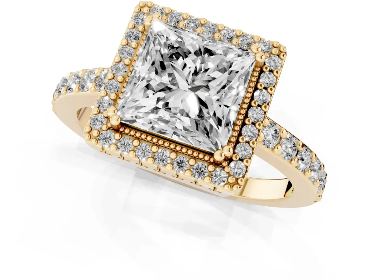 Princess Cut Cut Diamond Halo Engagement Ring with Milgrain Detail and Pavé Band Yellow gold