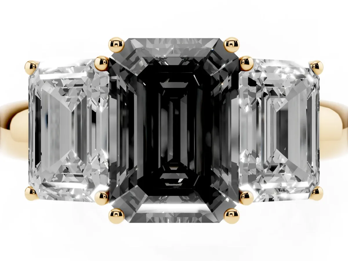 Fancy Black Emerald Cut Diamond Three-Stone Ring with Four-Prong Setting and Classic Band Yellow gold