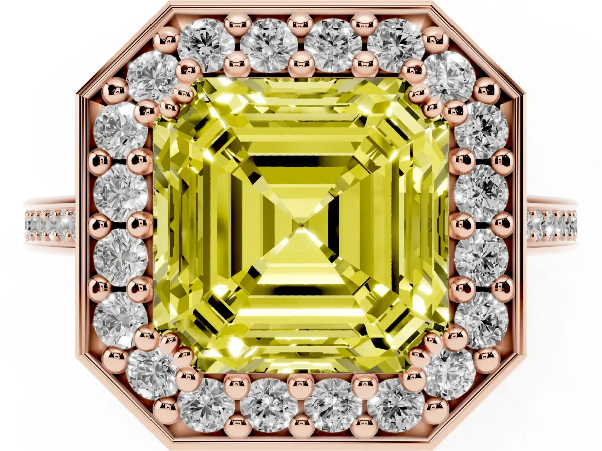 Fancy Yellow Asscher Cut Diamond Halo Ring with Split Shank and Four-Prong Setting Rose gold