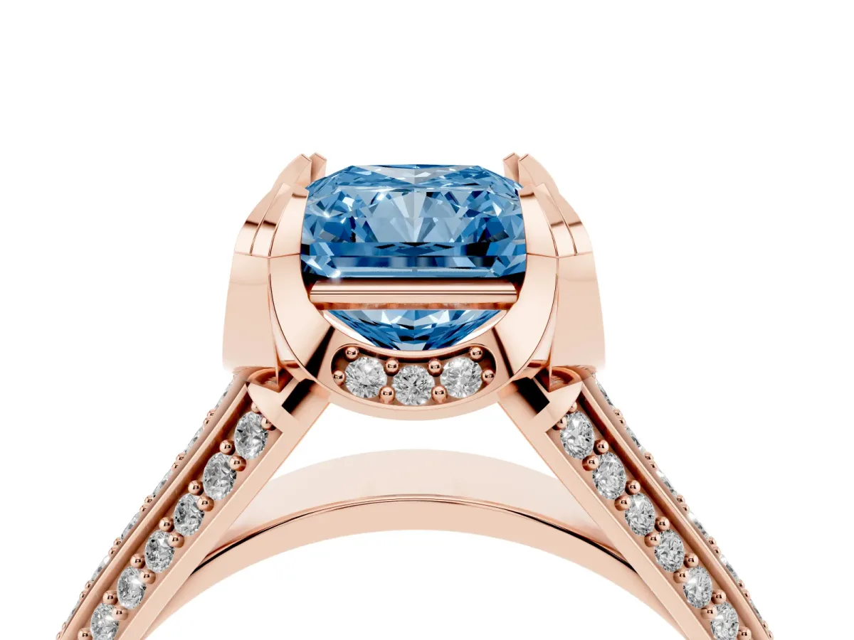 Fancy Blue Radiant Cut Solitaire Pave Split Shank Ring with Four-Prong Setting Rose gold