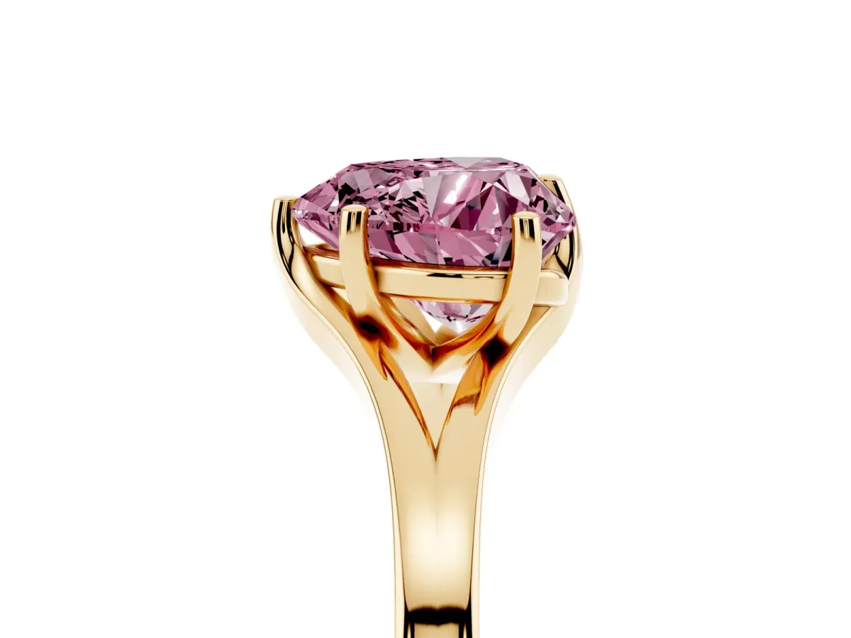 Fancy Pink Heart Cut Solitaire Diamond Ring with Six-Prong Setting and Tapered Band Yellow gold