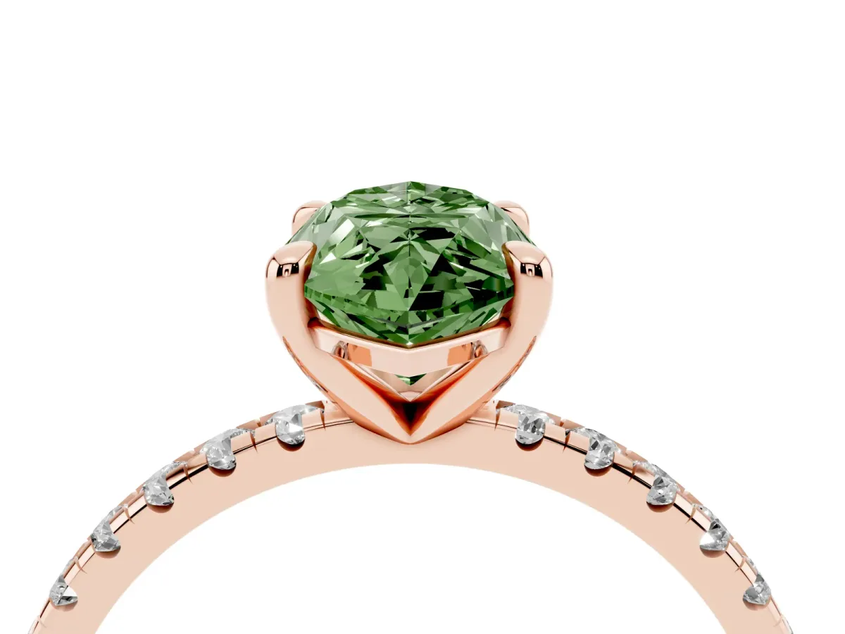 Fancy Green Marquise Cut Diamond Brilliant Solitaire Ring with Pavé Band and Four-Prong Setting Rose gold