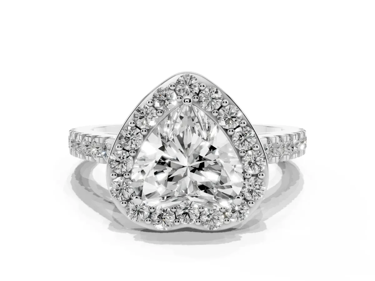 Heart Cut Diamond Halo Ring with Round Pavé Split Shank and Prong Setting Silver