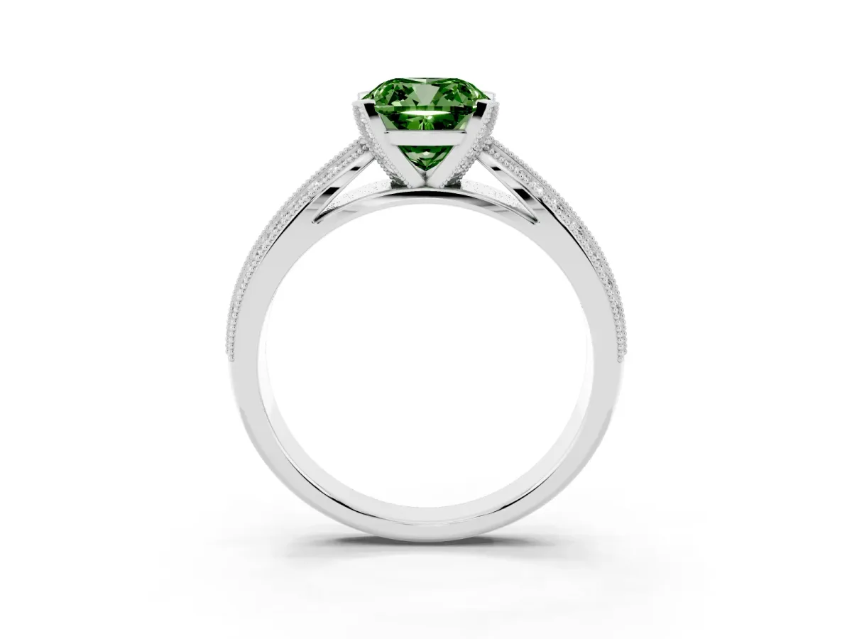 Fancy Green Cushion Cut Diamond Solitaire Ring with Milgrain Round Pavé Band and Prong Setting Silver