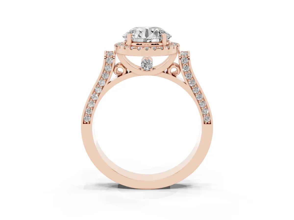 Round Cut Halo Pave Split Shank Prong Setting Ring Rose gold