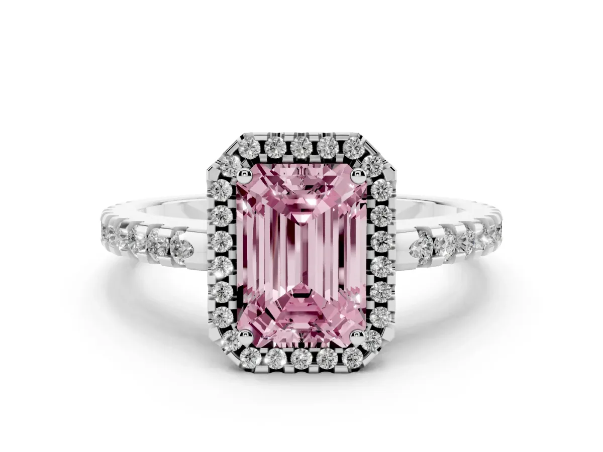 Fancy Pink Emerald Cut Diamond Halo Engagement Ring with Pavé Band and Prong Setting Platinum