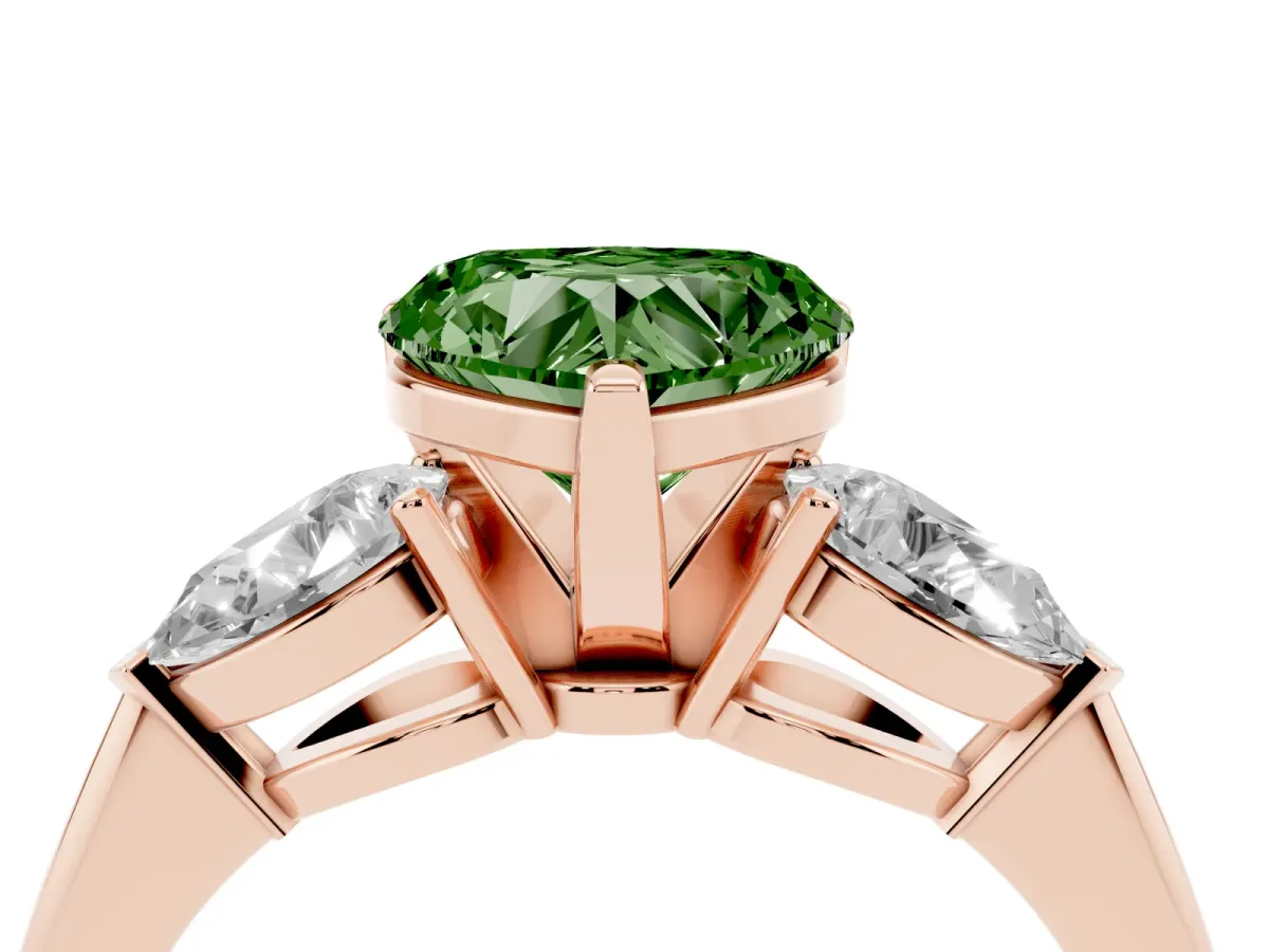 Fancy Green Three-Stone Heart Cut Diamond Ring with Pear Side Stones and Four-Prong Setting Rose gold