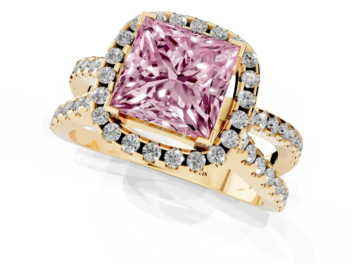 Fancy Pink Princess Cut Diamond Halo Ring with Split Shank Pavé Band and Prong Setting Yellow gold