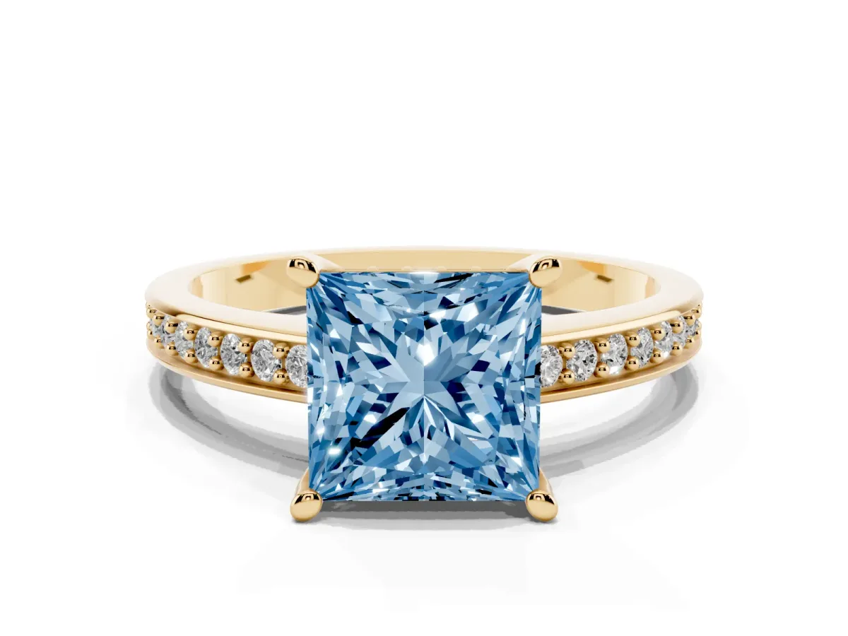 Fancy Blue Princess Cut Solitaire Pavé Band Prong Setting Ring Yellow gold