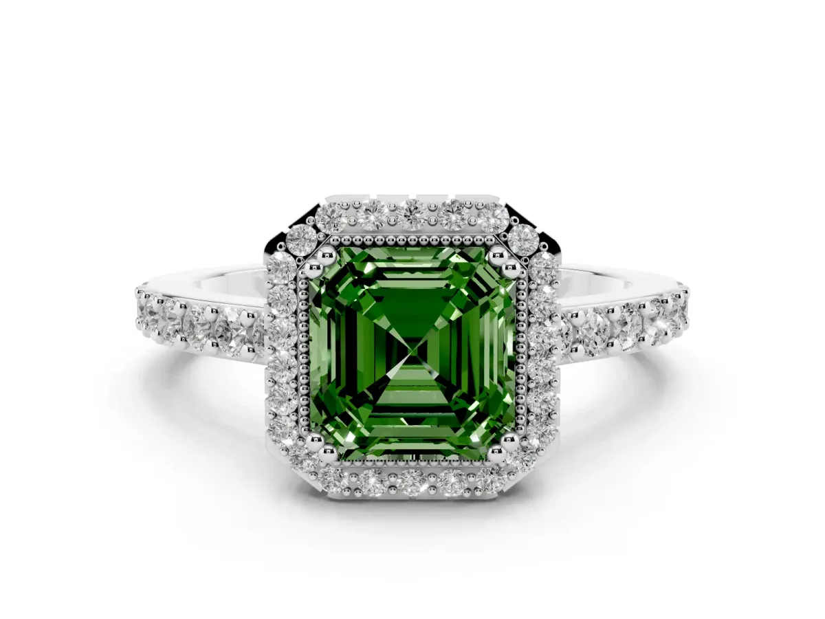 Fancy Green Asscher Cut Cut Diamond Halo Engagement Ring with Milgrain Detail and Pavé Band Platinum