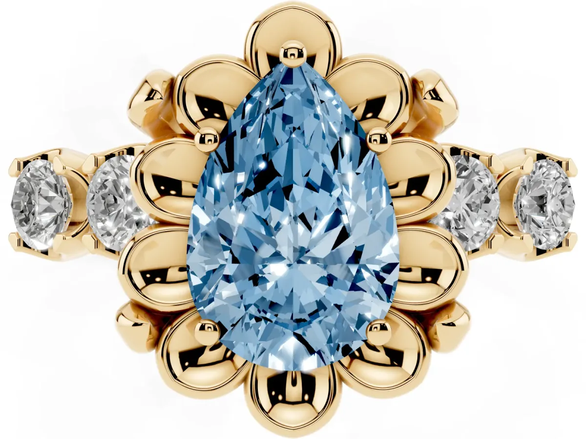 Fancy Blue Pear Cut Cut Diamond Floral Halo Engagement Ring with Shared Prong Setting Yellow gold