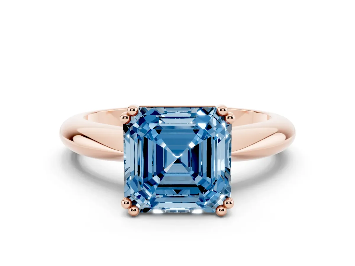 Fancy Blue Asscher Cut Cut Solitaire Engagement Ring with Tapered Band and Four-Prong Setting Rose gold