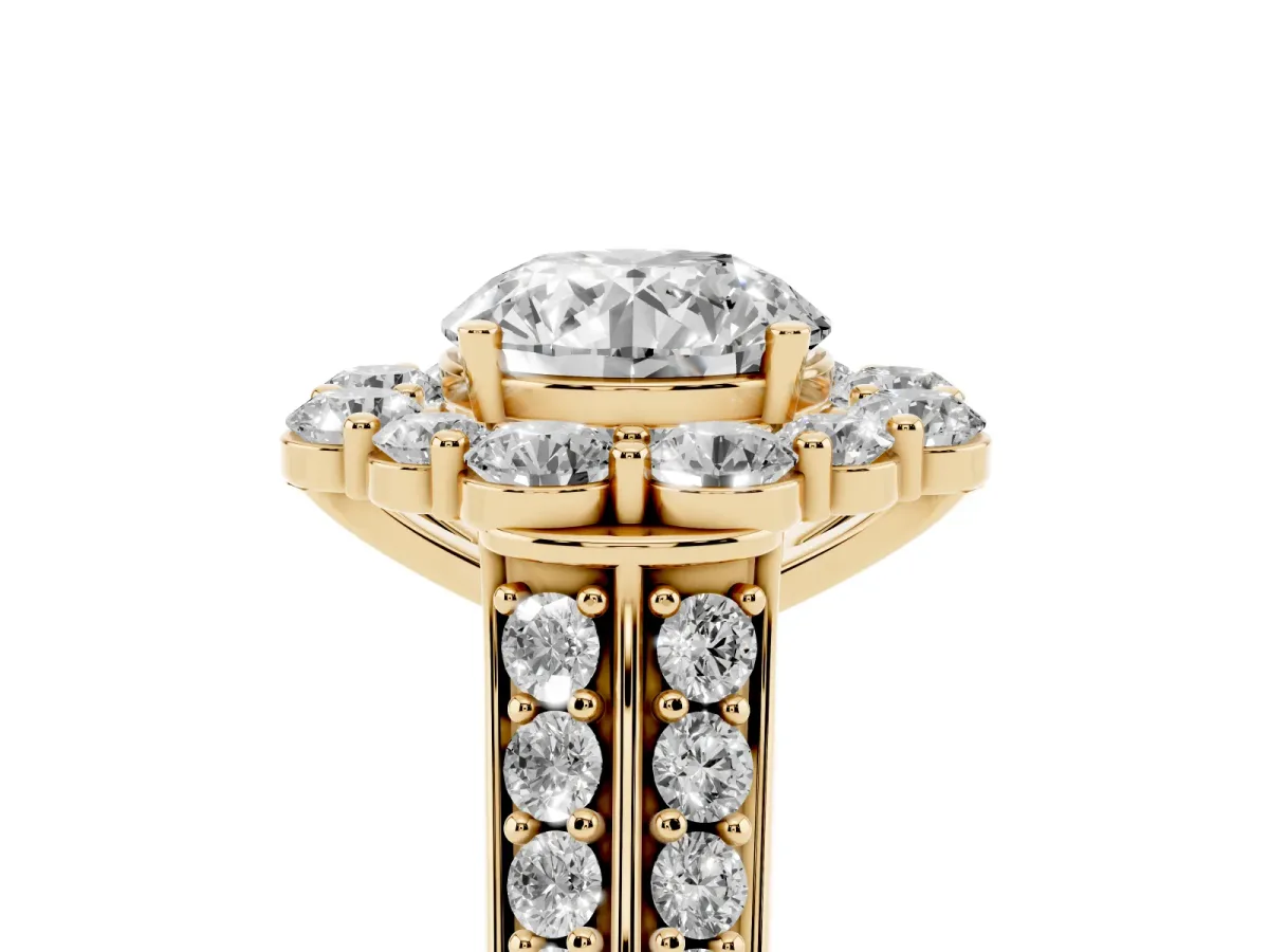 Round Cut Halo Diamond Engagement Ring with Split Shank and Prong Setting Yellow gold