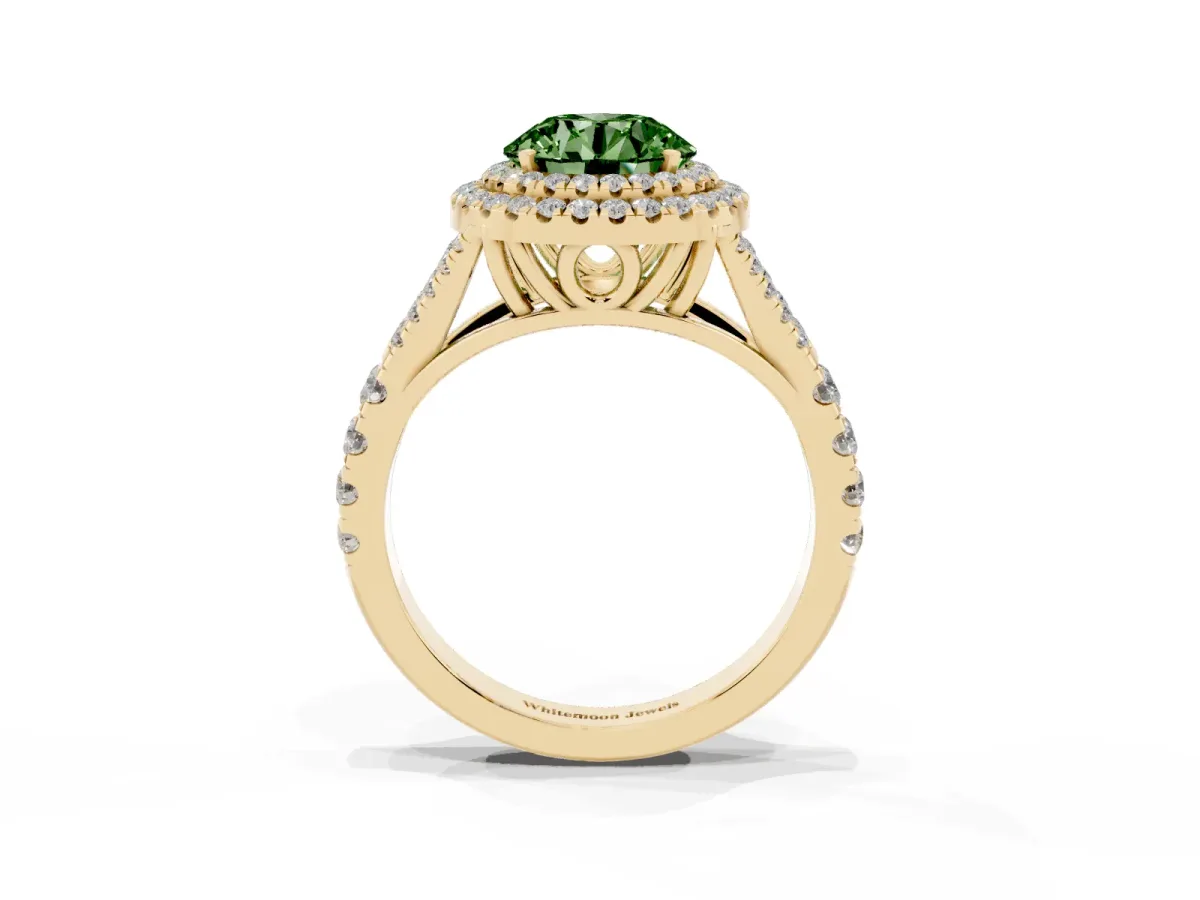 Fancy Green Round Cut Diamond Pavé Split Shank Double Halo Engagement Ring Yellow gold