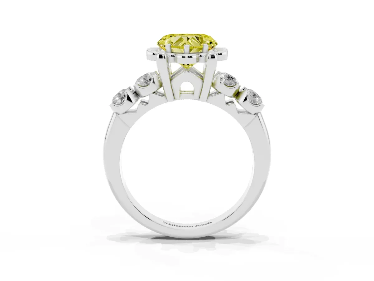 Fancy Yellow Heart Cut Cut Diamond Floral Halo Engagement Ring with Shared Prong Setting White gold