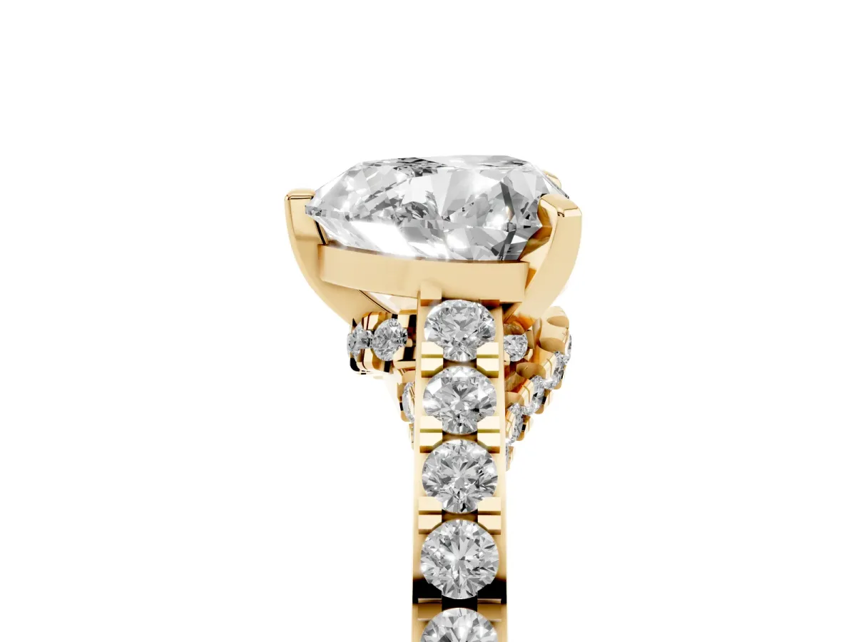 Heart Cut Diamond Solitaire Ring with Crossover Gallery and Round Pavé Band Yellow gold