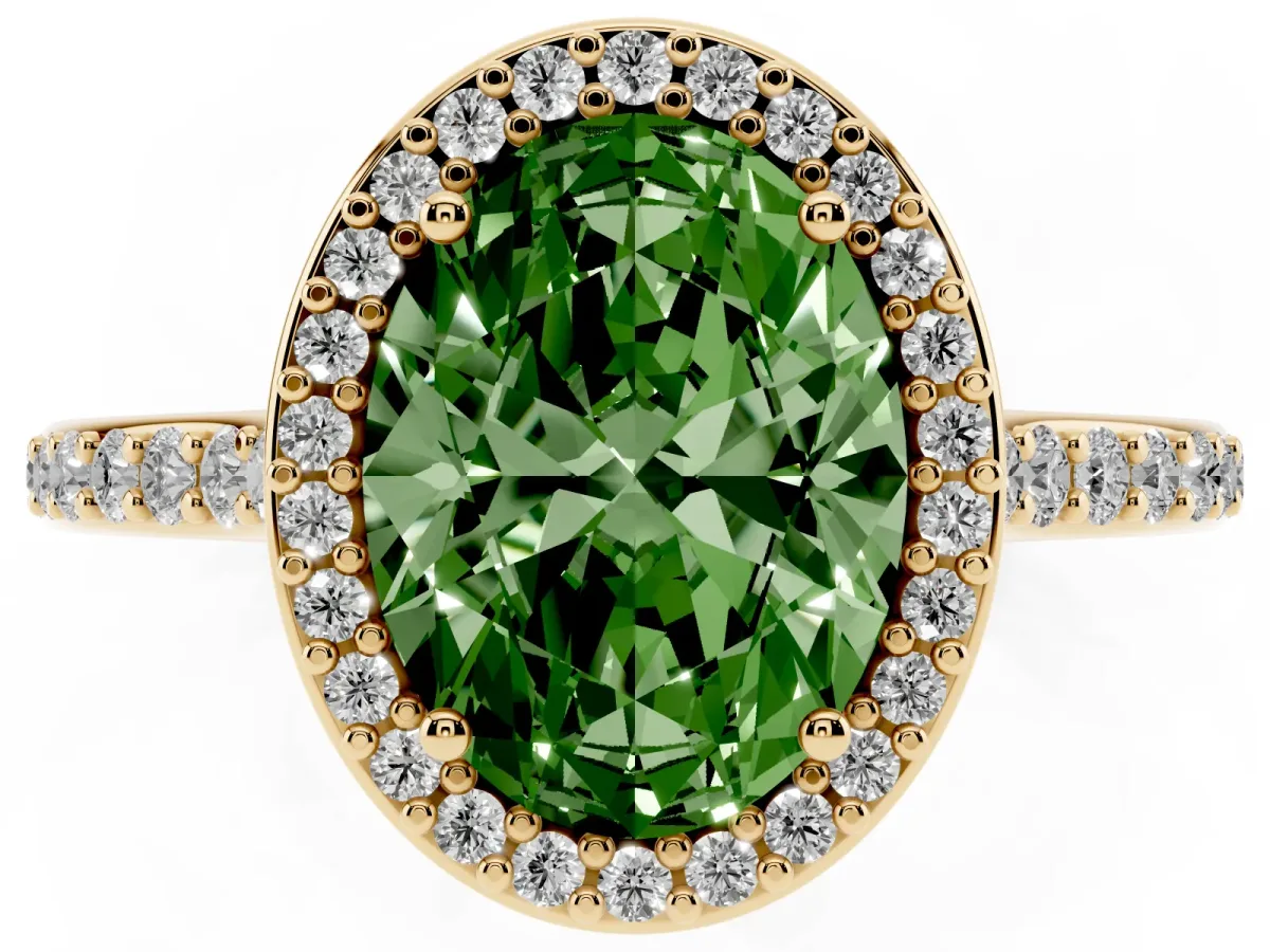 Fancy Green Oval Cut Diamond Halo Engagement Ring with Round Pavé Shoulders and Prong Setting Yellow gold