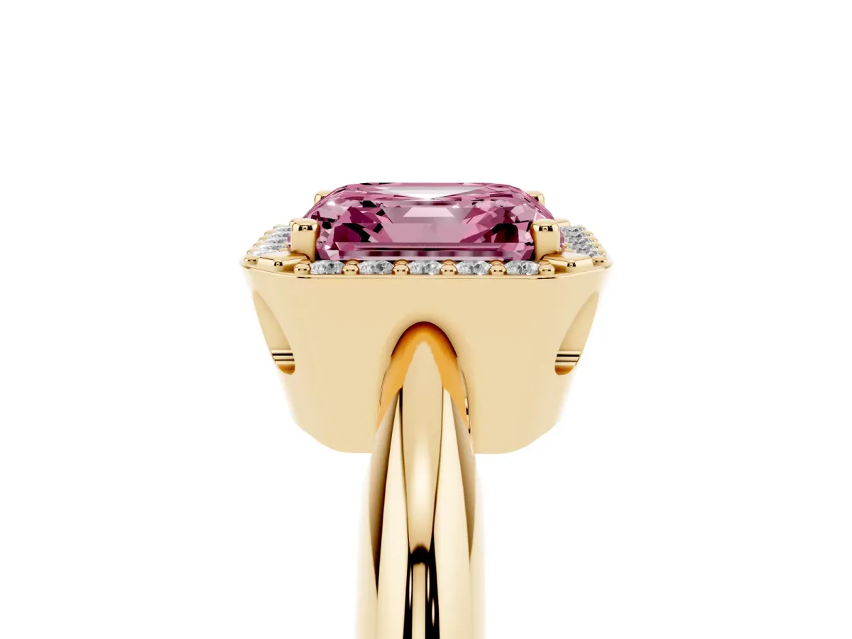 Fancy Pink Asscher Cut Cut Diamond Halo Engagement Ring with Split Shank and Four-Prong Setting Yellow gold