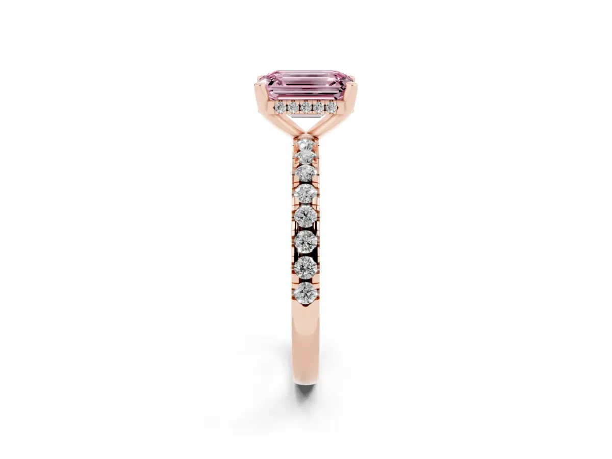 Fancy Pink Emerald Cut Diamond Solitaire Ring with Round Pavé Band and Four-Prong Setting Rose gold