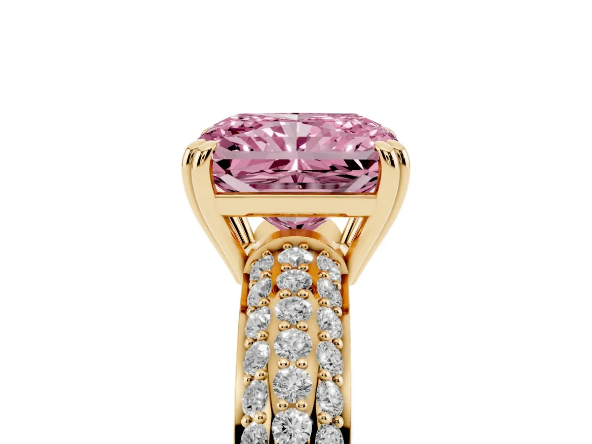 Fancy Pink Radiant Cut Diamond Solitaire Ring with Multi-Row Round Pavé Band and Prong Setting Yellow gold