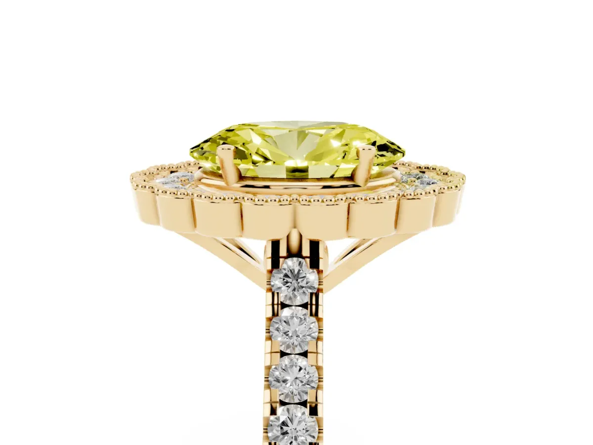 Fancy Yellow Oval Cut Cut Diamond Milgrain Floral Halo Engagement Ring with Pavé Band Yellow gold