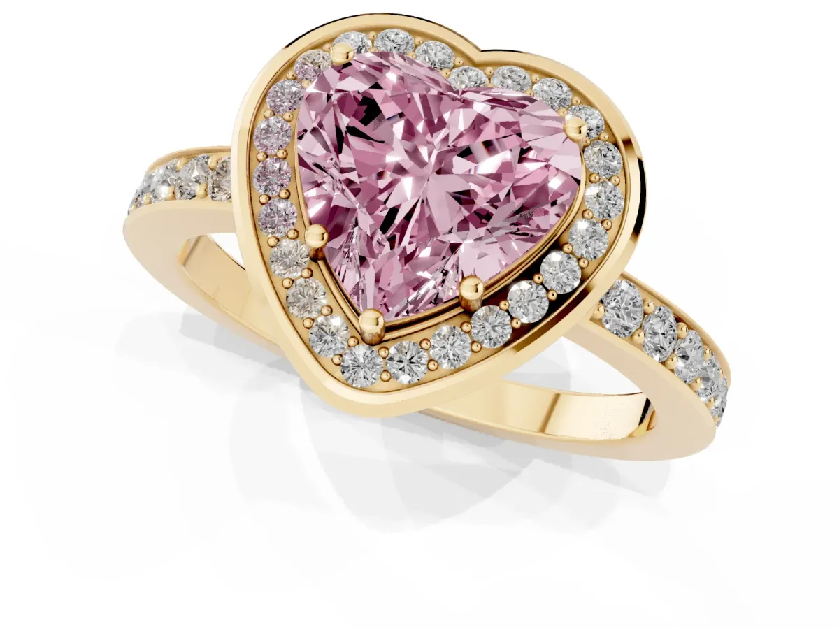 Fancy Pink Heart Cut Diamond Halo Ring with Bezel Frame and Pavé Band Yellow gold