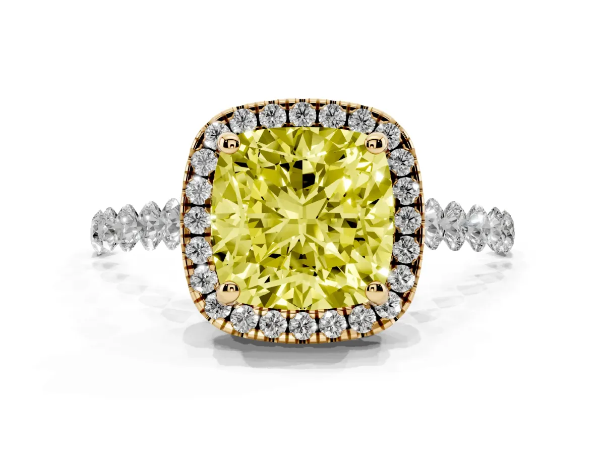 Fancy Yellow Cushion Cut Halo Pavé Diamond Engagement Ring with Four-Prong Setting Yellow gold