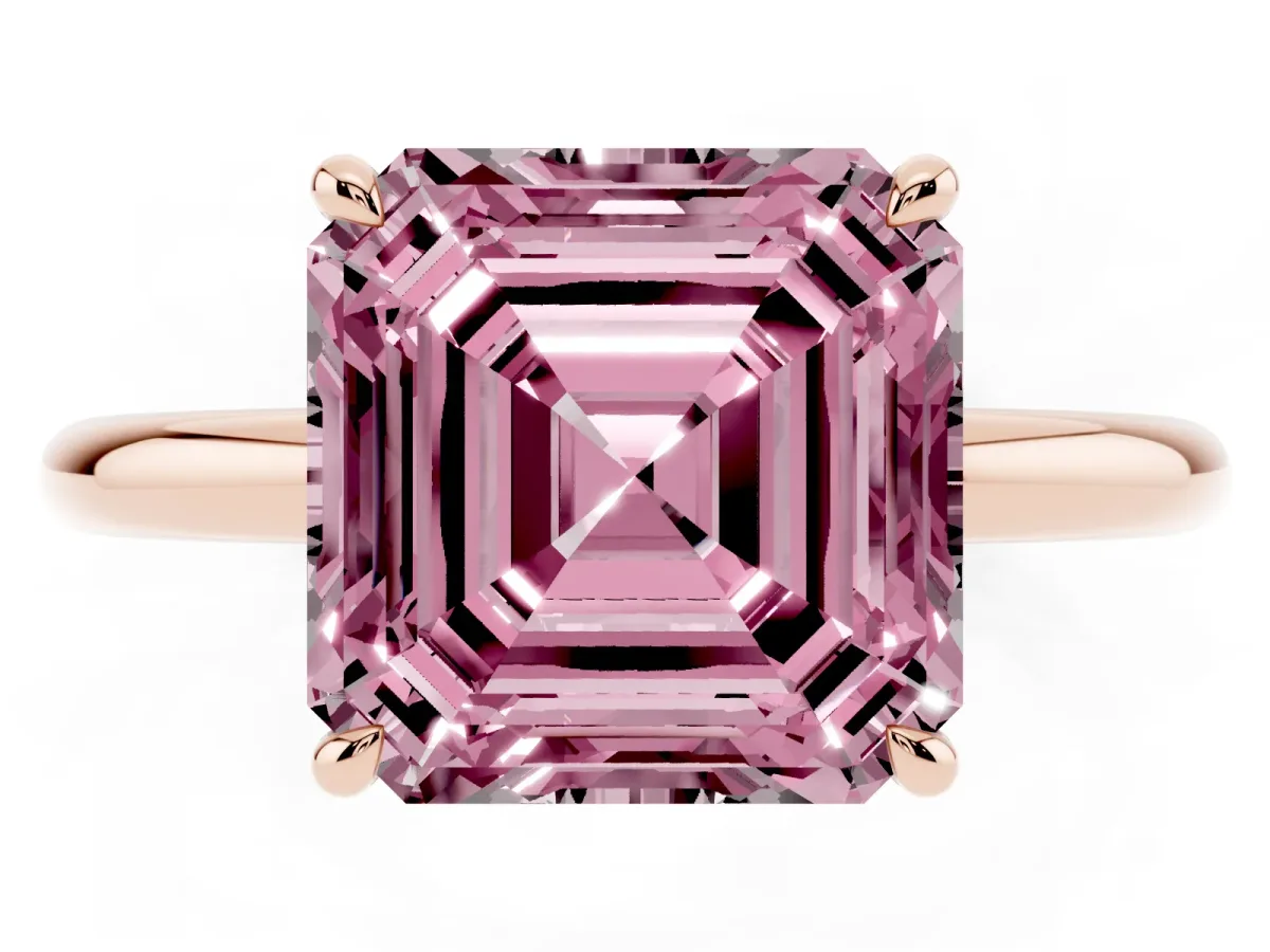 Fancy Pink Asscher Cut Diamond Solitaire Ring with Thin Band and Four-Prong Setting Rose gold